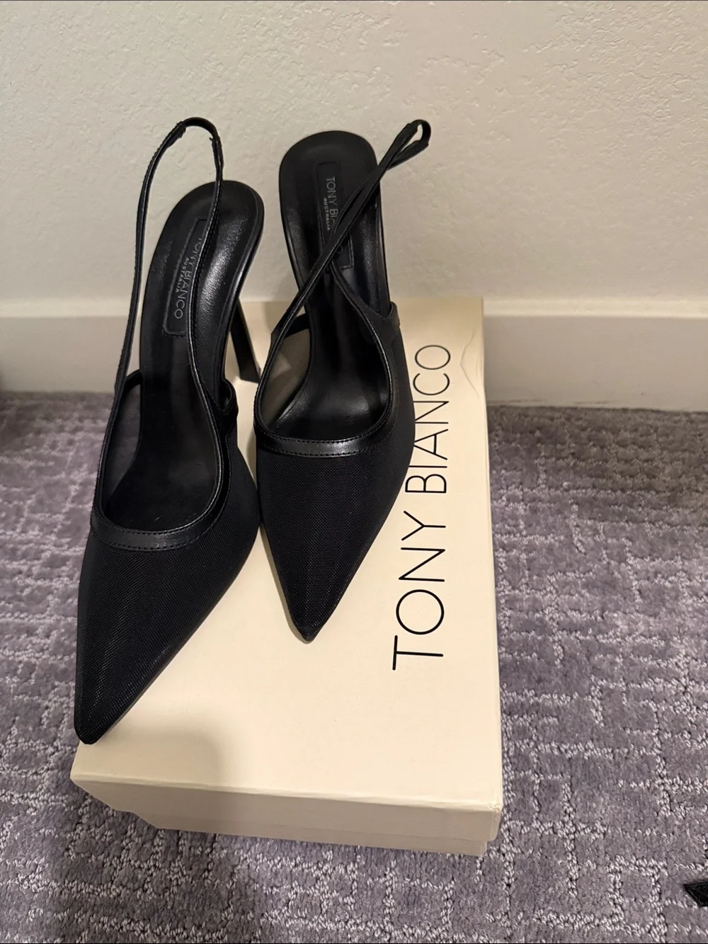 Tony Bianco Black Pointed Slingback Pumps with Thin Strap